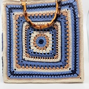 Hand Crafted Blue, Tan & Cream Crochet Square Tote with Bamboo Handles